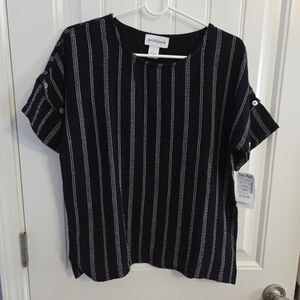 NWT Peck And Peck Womens Small Black with White Stripe Blouse Short Sleeve Boxy